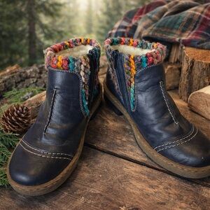 Rieker LeatherAnkle Boots Womens Sz 37/US 6 Felicitas Navy Multicolor Knit Trim